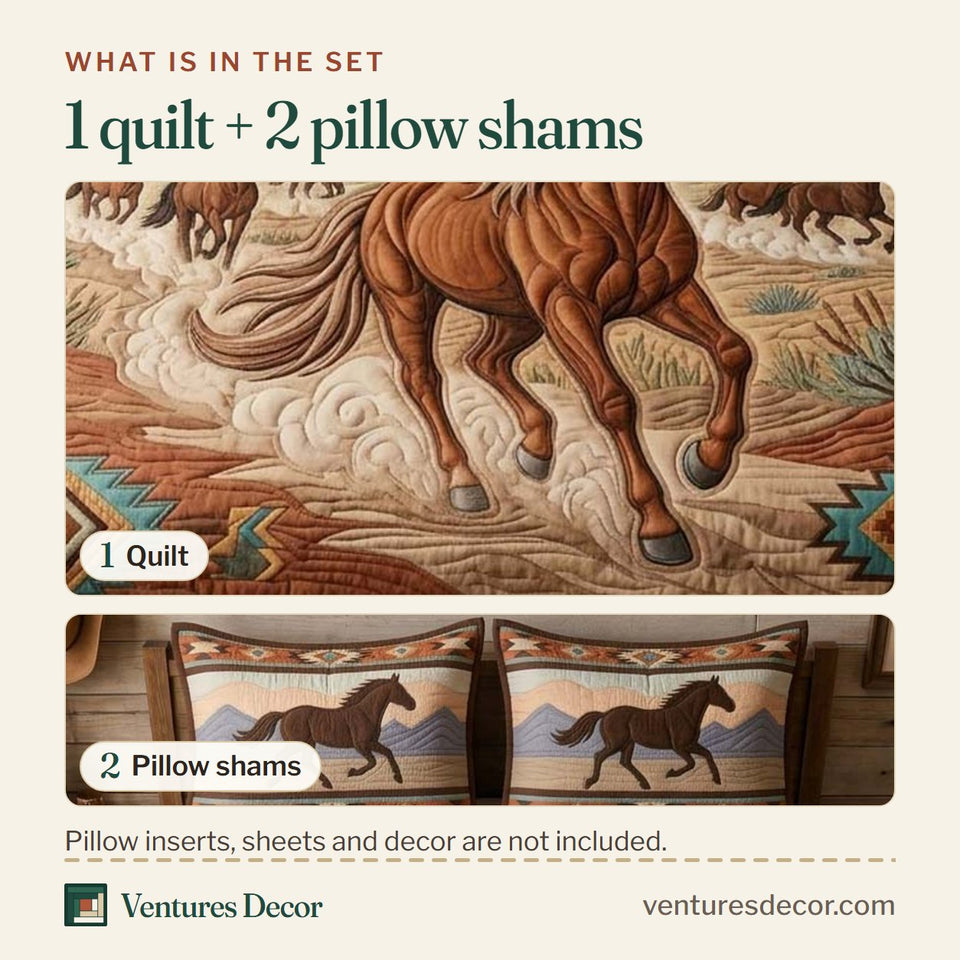 What is in the set: one quilt and two pillow shams, shown in the Dust Trail Stallion design