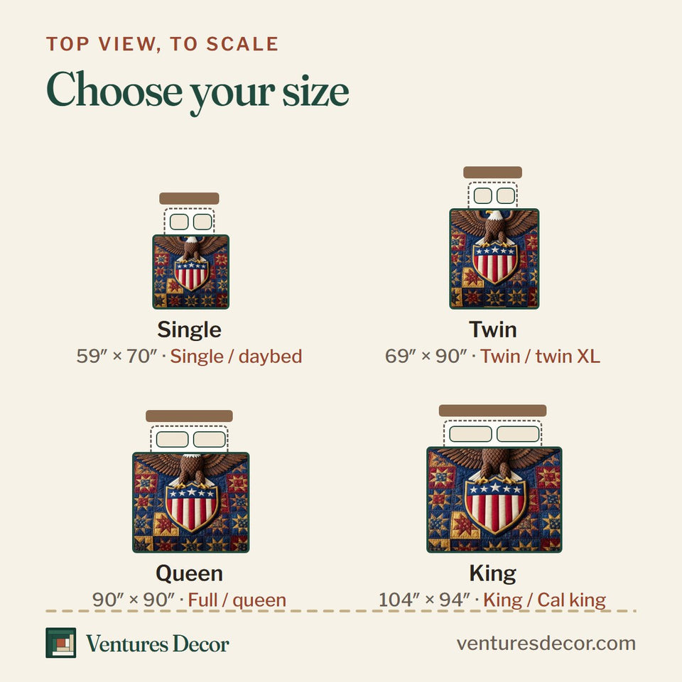 Size guide for the Eagle 250 quilt, top view to scale: Single 59 x 70 in, Twin 69 x 90 in, Queen 90 x 90 in, King 104 x 94 in