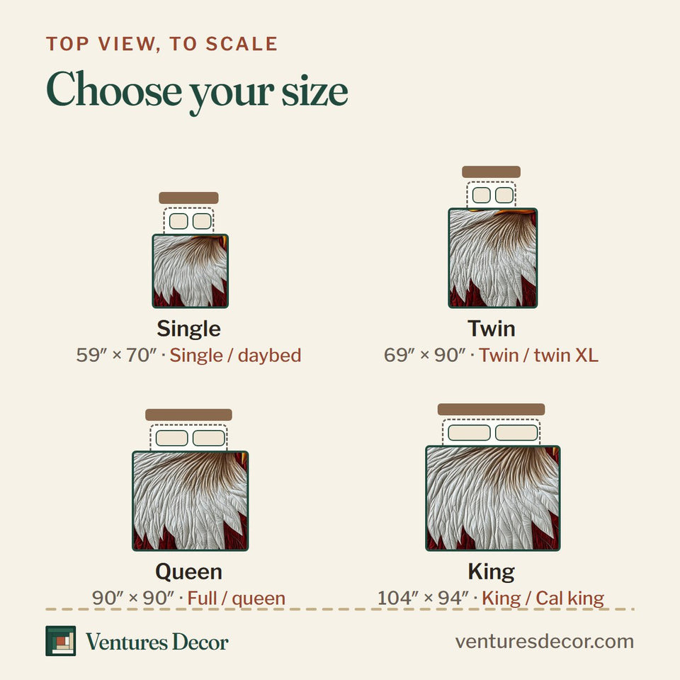 Size guide for the Eagle Gaze Stars Stripes quilt, top view to scale: Single 59 x 70 in, Twin 69 x 90 in, Queen 90 x 90 in, King 104 x 94 in