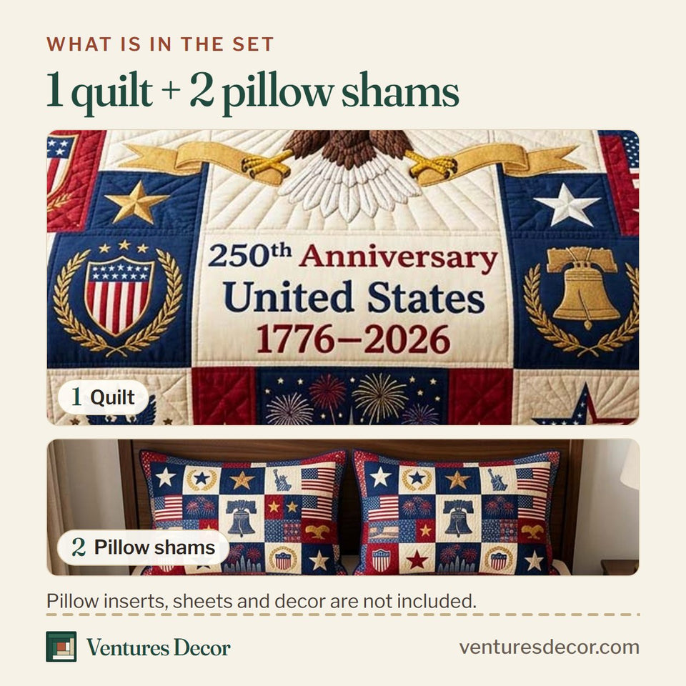 What is in the set: one quilt and two pillow shams, shown in the Eagle Victory design