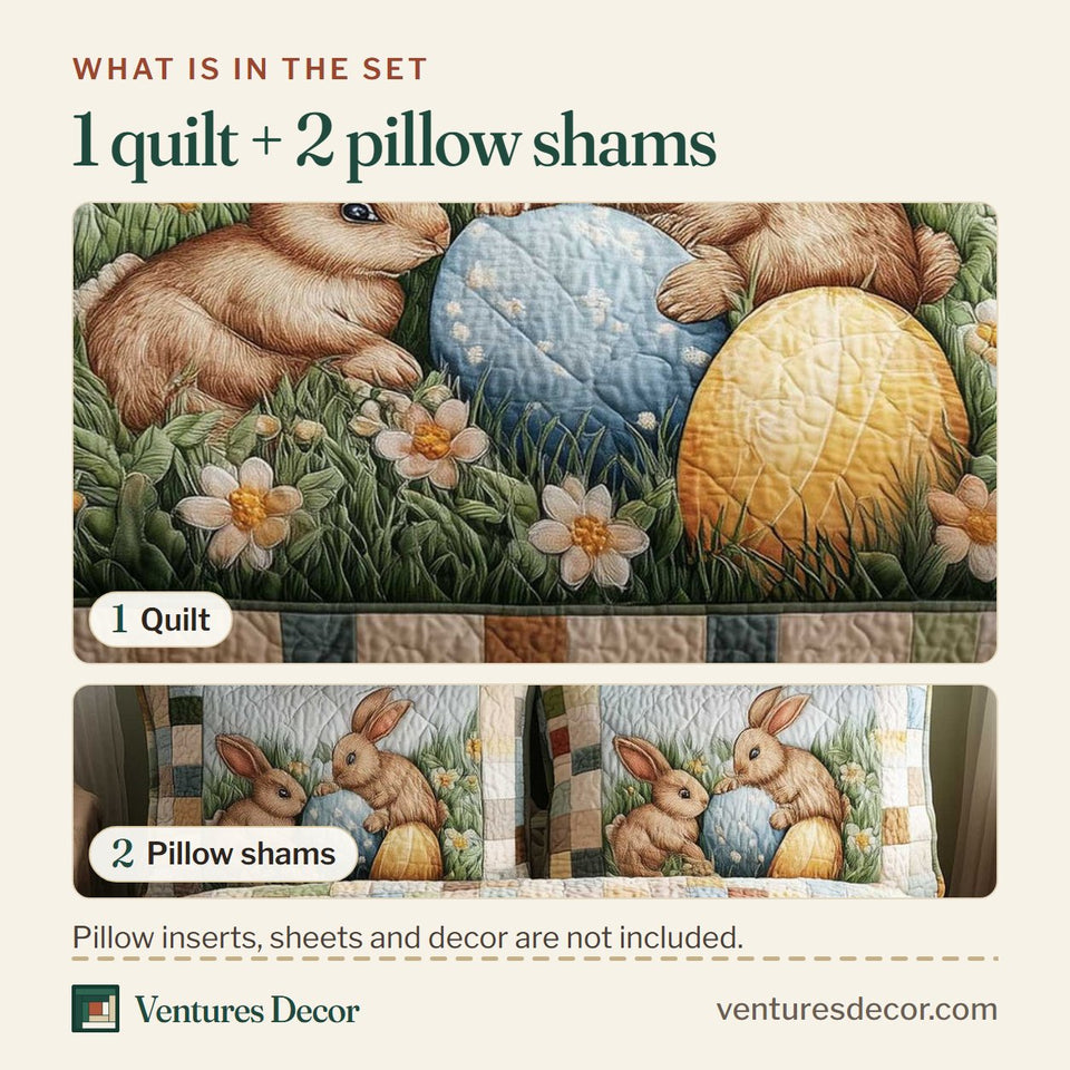 What is in the set: one quilt and two pillow shams, shown in the Easter Joy Bunnies and Eggs Check Border design