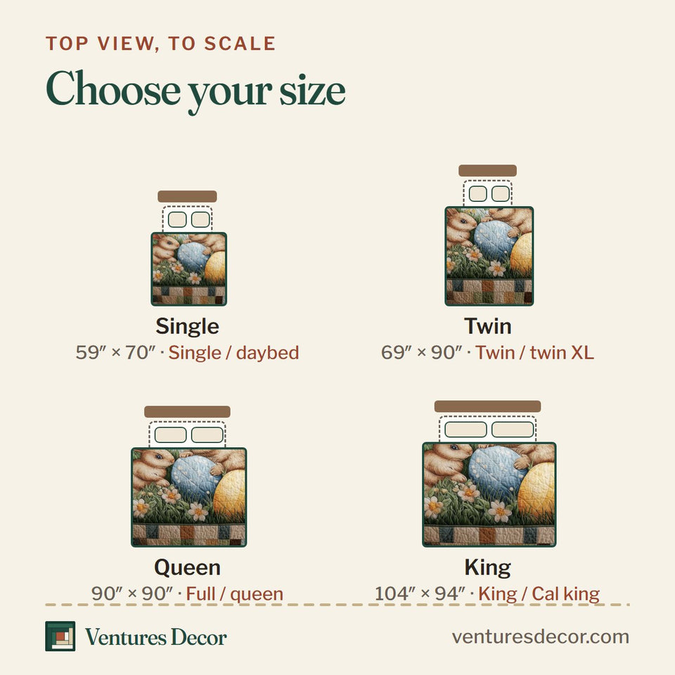 Size guide for the Easter Joy Bunnies and Eggs Check Border quilt, top view to scale: Single 59 x 70 in, Twin 69 x 90 in, Queen 90 x 90 in, King 104 x 94 in