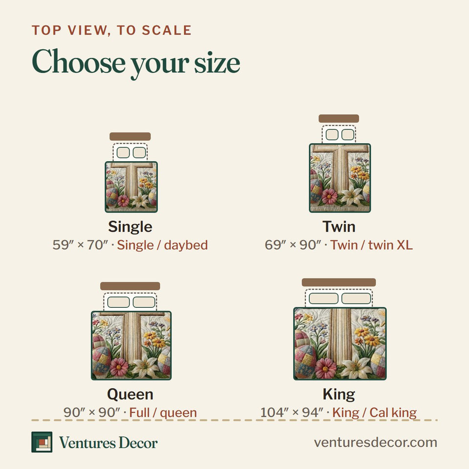 Size guide for the Easter Joy Floral Cross with Painted Eggs quilt, top view to scale: Single 59 x 70 in, Twin 69 x 90 in, Queen 90 x 90 in, King 104 x 94 in