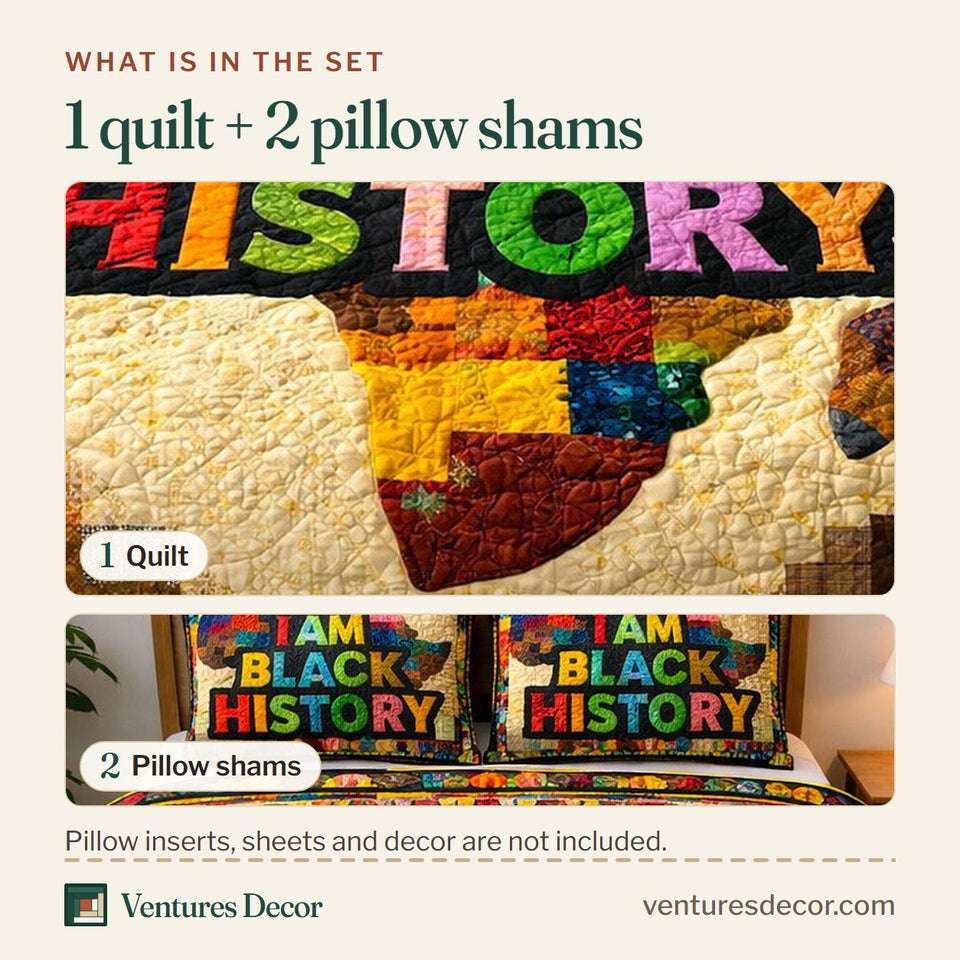 What is in the set: one quilt and two pillow shams, shown in the Ebony Glow Bold Lettering On Ivory Patch Map design