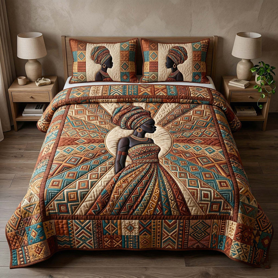 Ebony Queen Wide Skirt On Terracotta Geometry quilted bedding set, quilt and two pillow shams on a made bed