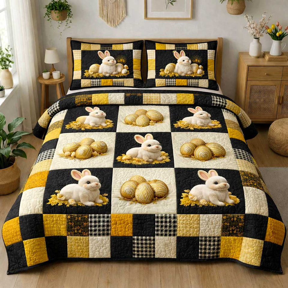 Egg Garden Bunnies on Black and Gold Checks quilted bedding set, quilt and two pillow shams on a made bed