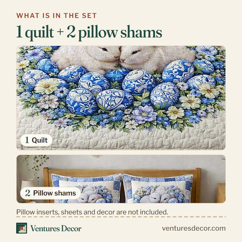 What is in the set: one quilt and two pillow shams, shown in the Egg Hunt Rabbits in the Hydrangea Wreath design