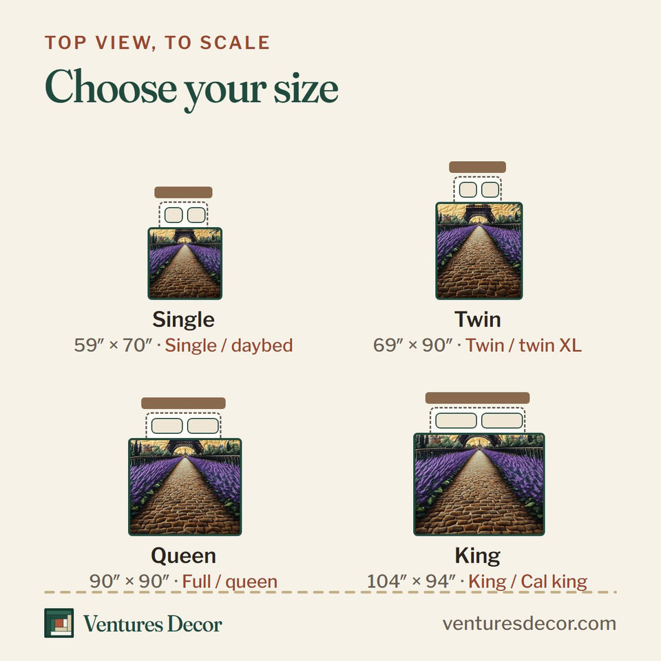 Size guide for the Eiffel Lavender Fields quilt, top view to scale: Single 59 x 70 in, Twin 69 x 90 in, Queen 90 x 90 in, King 104 x 94 in