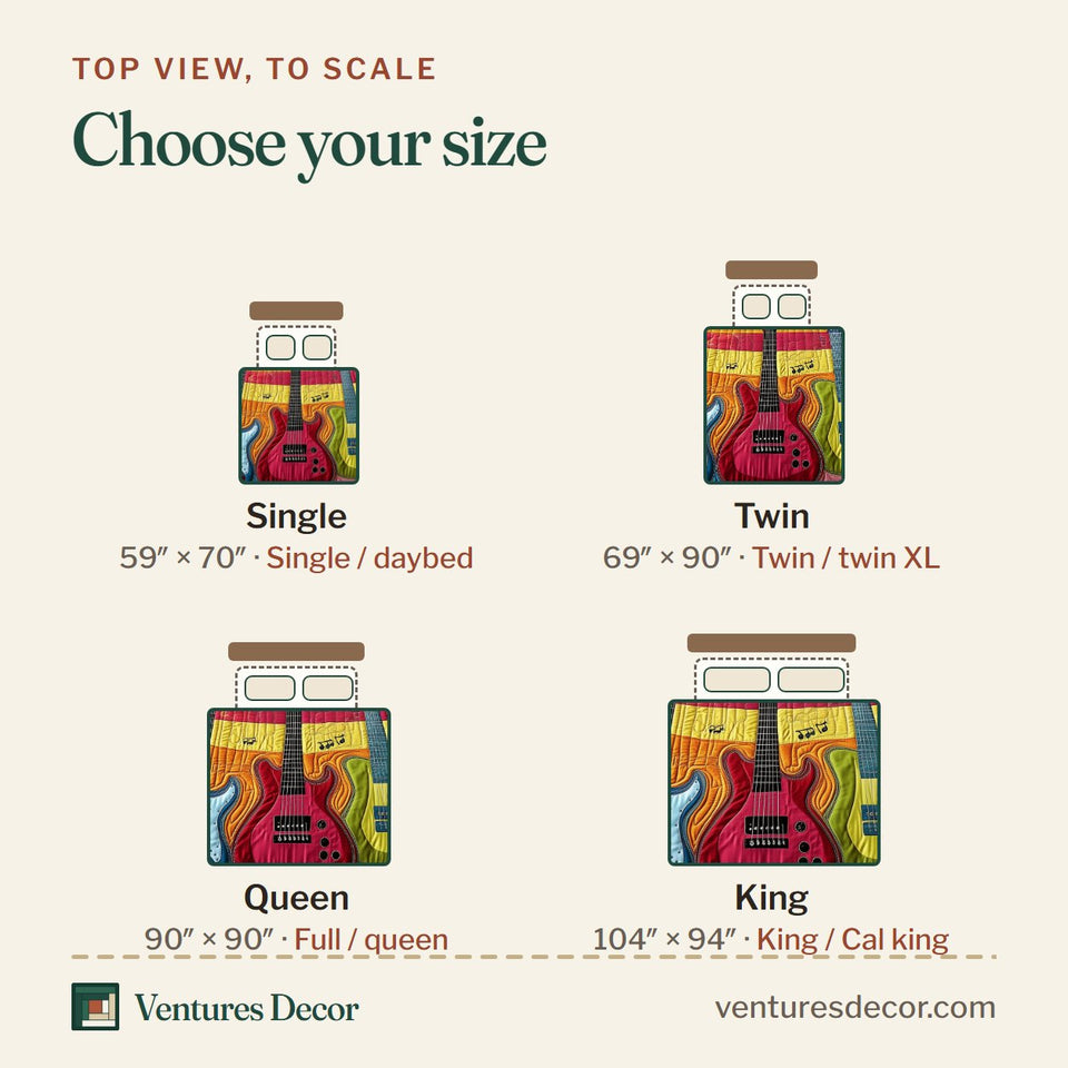 Size guide for the Electric Guitar quilt, top view to scale: Single 59 x 70 in, Twin 69 x 90 in, Queen 90 x 90 in, King 104 x 94 in