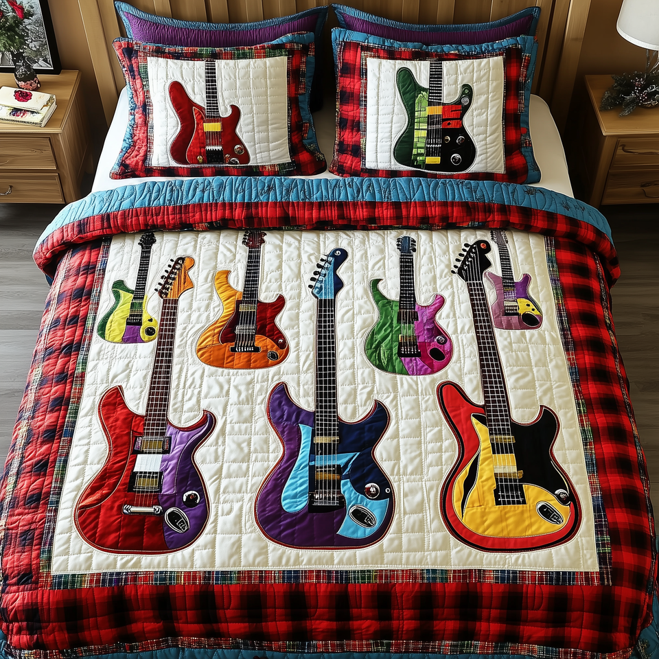 Electric Guitar Rainbow Lineup quilted bedding set, quilt and two pillow shams on a made bed