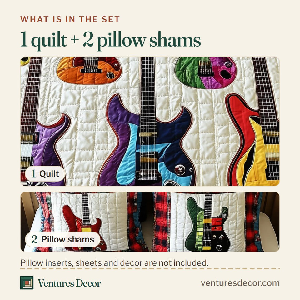 What is in the set: one quilt and two pillow shams, shown in the Electric Guitar Rainbow Lineup design