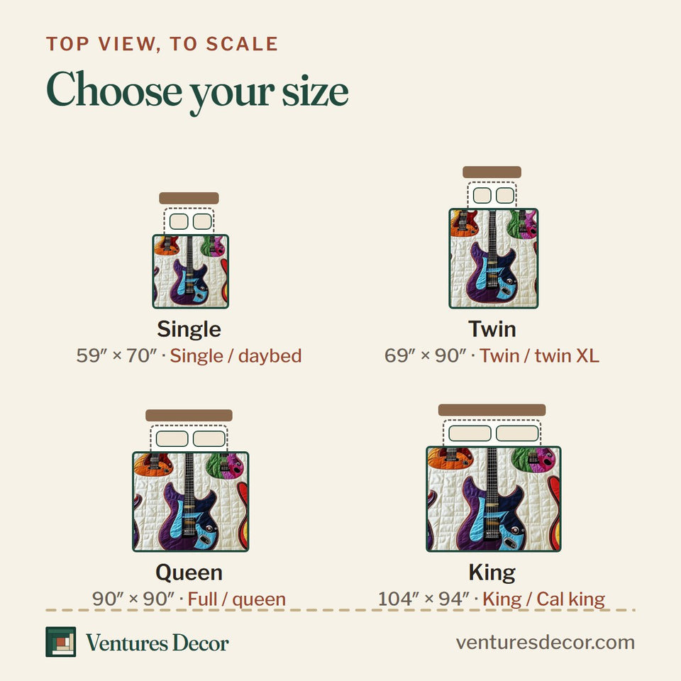 Size guide for the Electric Guitar Rainbow Lineup quilt, top view to scale: Single 59 x 70 in, Twin 69 x 90 in, Queen 90 x 90 in, King 104 x 94 in