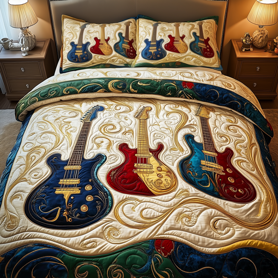 Electric Guitar Trio Swirl quilted bedding set, quilt and two pillow shams on a made bed
