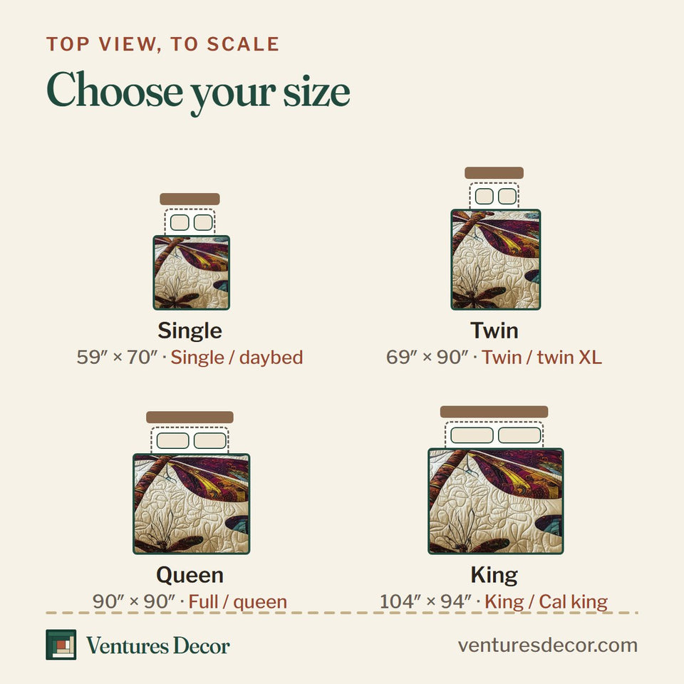 Size guide for the Elegance Dragonfly Large Diagonal Wings quilt, top view to scale: Single 59 x 70 in, Twin 69 x 90 in, Queen 90 x 90 in, King 104 x 94 in