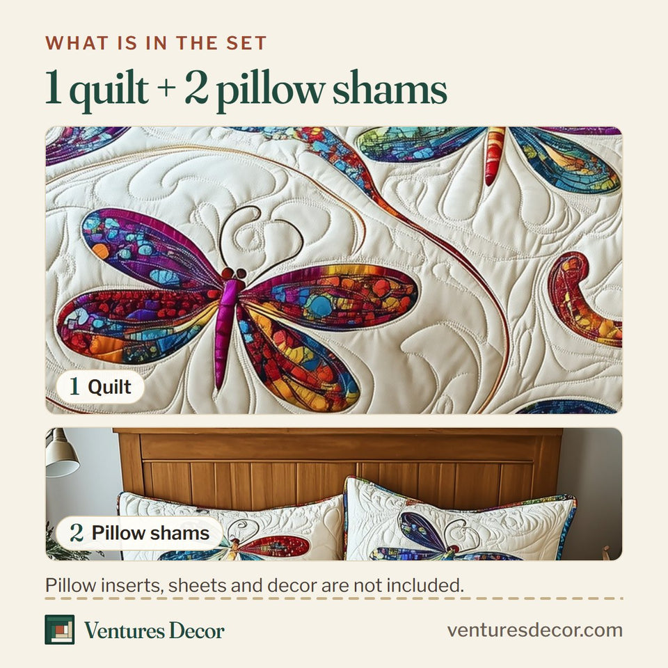 What is in the set: one quilt and two pillow shams, shown in the Elegance Dragonfly Paisley Wing Pair design