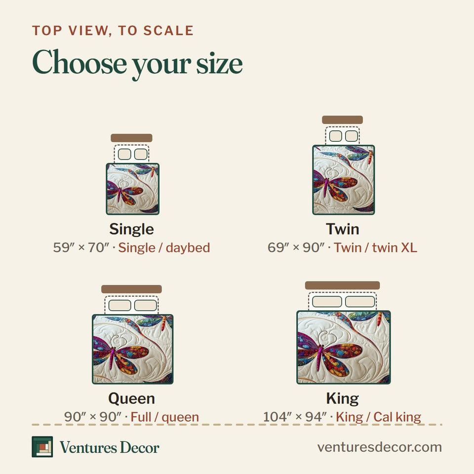 Size guide for the Elegance Dragonfly Paisley Wing Pair quilt, top view to scale: Single 59 x 70 in, Twin 69 x 90 in, Queen 90 x 90 in, King 104 x 94 in