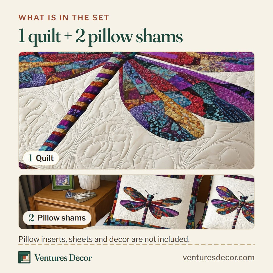 What is in the set: one quilt and two pillow shams, shown in the Elegance Dragonfly Violet Wings Patch Border design