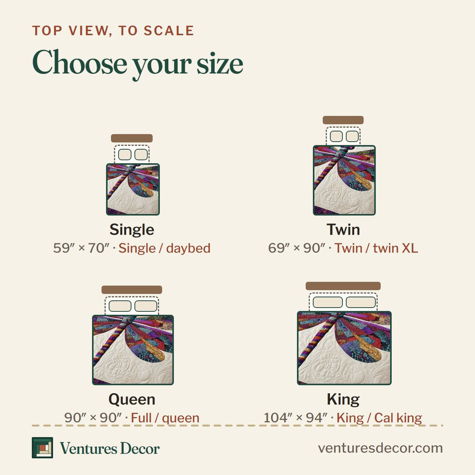 Size guide for the Elegance Dragonfly Violet Wings Patch Border quilt, top view to scale: Single 59 x 70 in, Twin 69 x 90 in, Queen 90 x 90 in, King 104 x 94 in