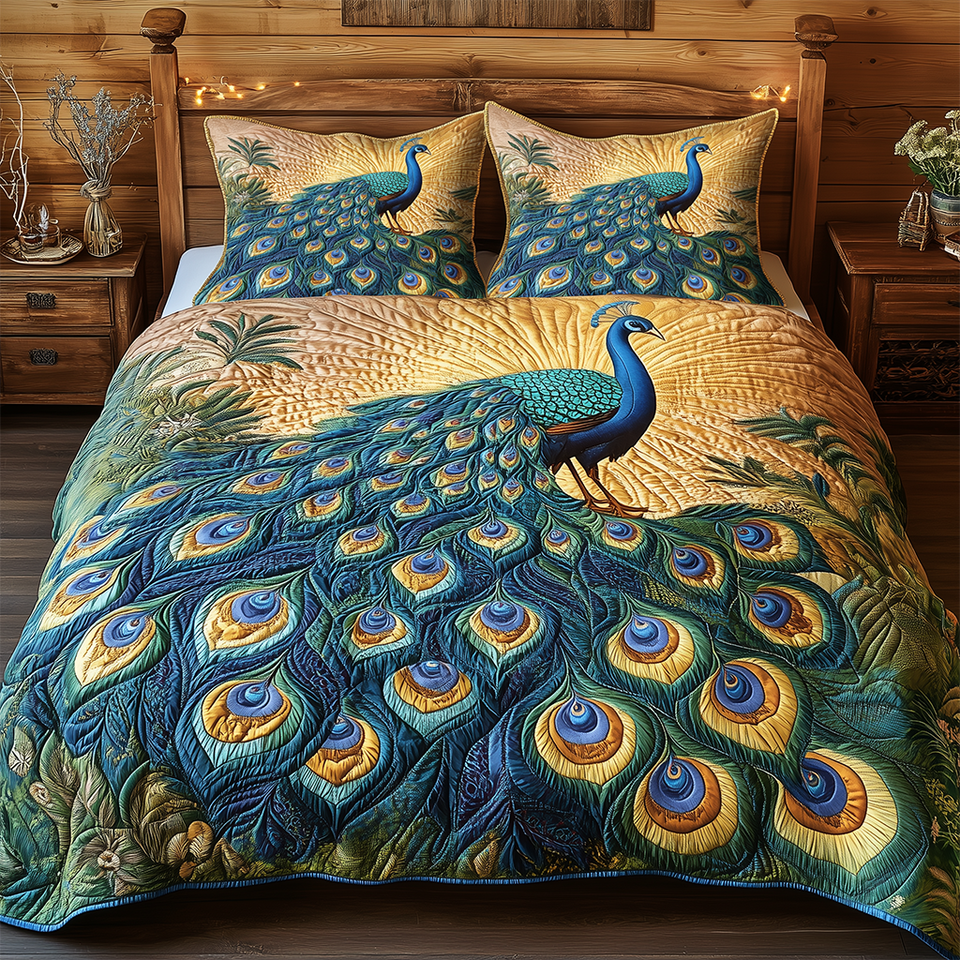 Elegance Peacock quilted bedding set, quilt and two pillow shams on a made bed