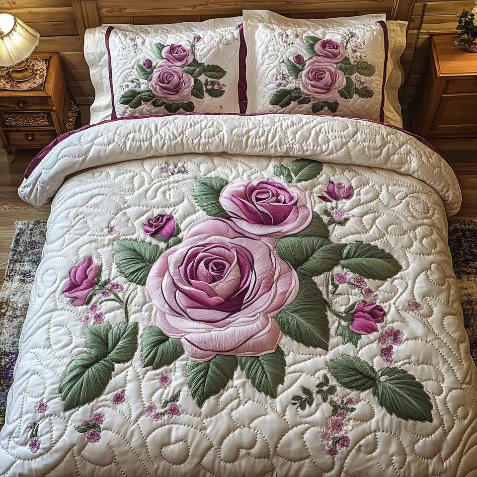 Elegance Rose Pink Bouquet on Ivory quilted bedding set, quilt and two pillow shams on a made bed