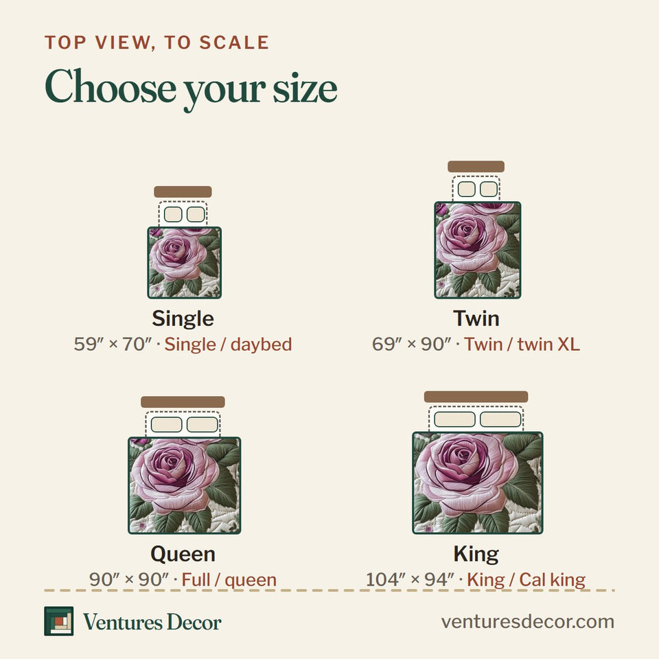 Size guide for the Elegance Rose Pink Bouquet on Ivory quilt, top view to scale: Single 59 x 70 in, Twin 69 x 90 in, Queen 90 x 90 in, King 104 x 94 in