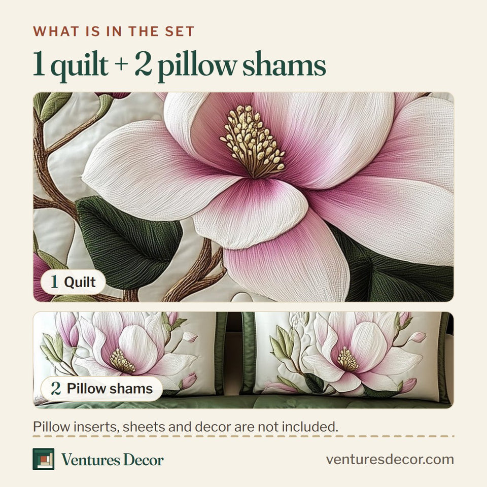 What is in the set: one quilt and two pillow shams, shown in the Elegant Blooming Magnolia Single Bloom Sage Ground design