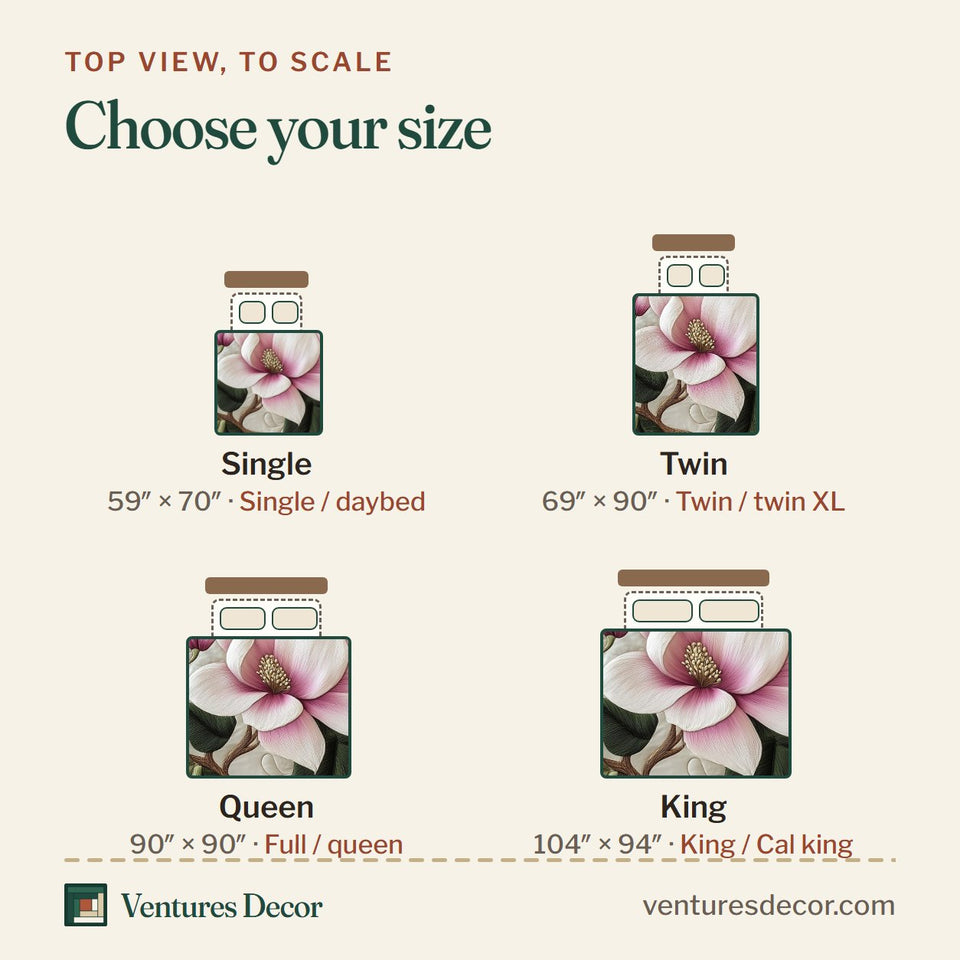 Size guide for the Elegant Blooming Magnolia Single Bloom Sage Ground quilt, top view to scale: Single 59 x 70 in, Twin 69 x 90 in, Queen 90 x 90 in, King 104 x 94 in