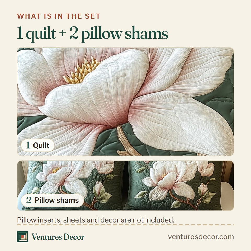 What is in the set: one quilt and two pillow shams, shown in the Elegant Blooming Magnolia Twin Blooms Teal Fold design