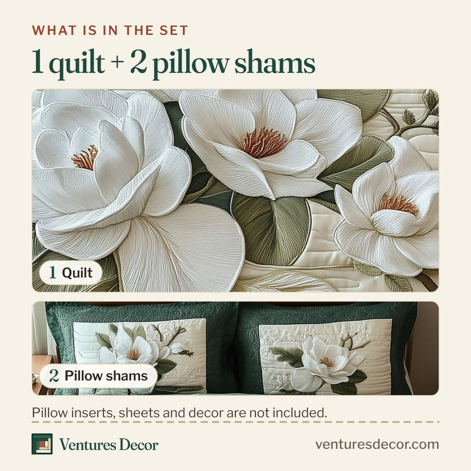 What is in the set: one quilt and two pillow shams, shown in the Elegant Blooming Magnolia Wide Petals on Pearl design