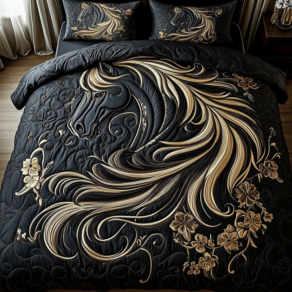 Elegant Dark Horse quilted bedding set, quilt and two pillow shams on a made bed