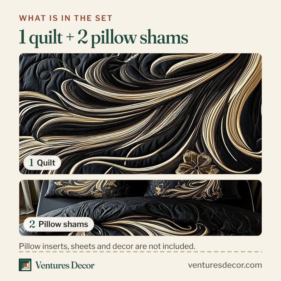 What is in the set: one quilt and two pillow shams, shown in the Elegant Dark Horse design
