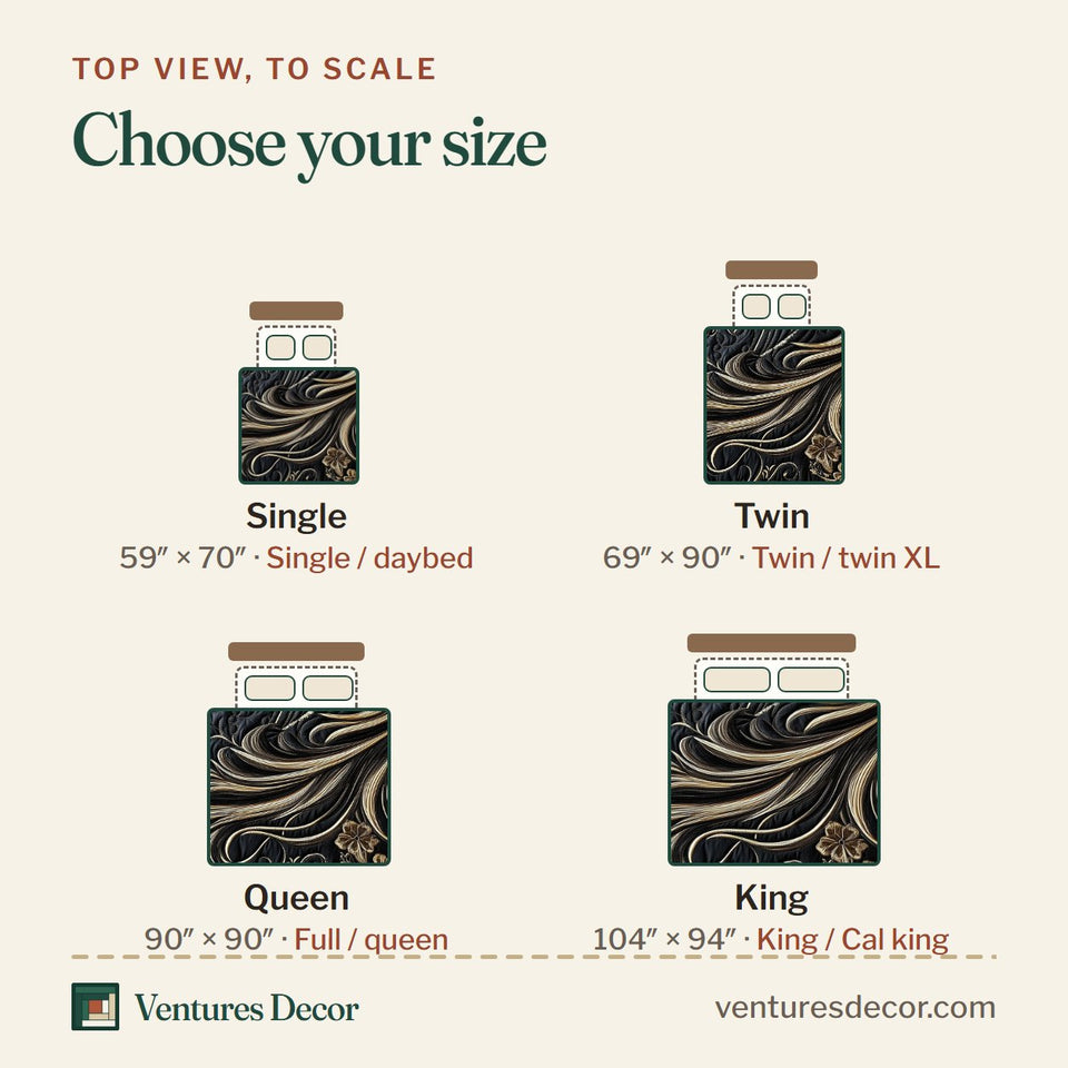 Size guide for the Elegant Dark Horse quilt, top view to scale: Single 59 x 70 in, Twin 69 x 90 in, Queen 90 x 90 in, King 104 x 94 in
