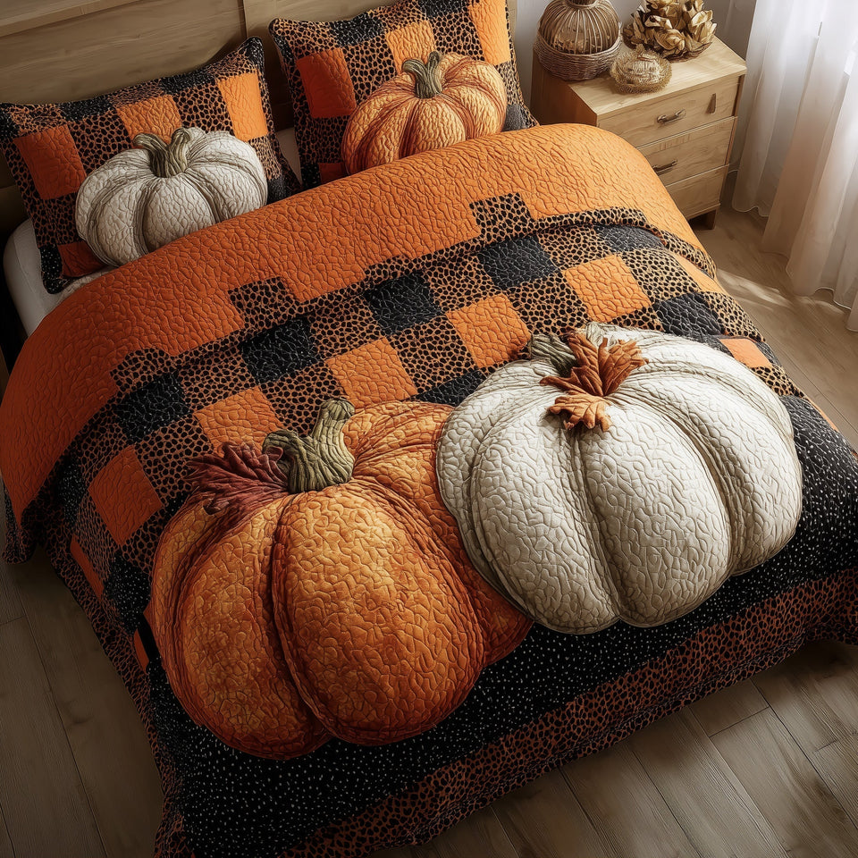 Elegant Fall Ivory Pumpkin On Denim Blue Blocks quilted bedding set, quilt and two pillow shams on a made bed