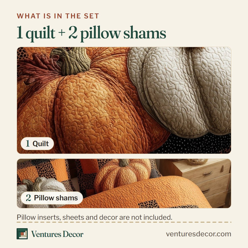 What is in the set: one quilt and two pillow shams, shown in the Elegant Fall Ivory Pumpkin On Denim Blue Blocks design