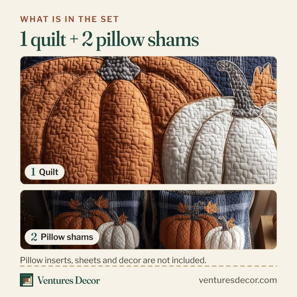 What is in the set: one quilt and two pillow shams, shown in the Elegant Fall White And Rust Pumpkin Trio design
