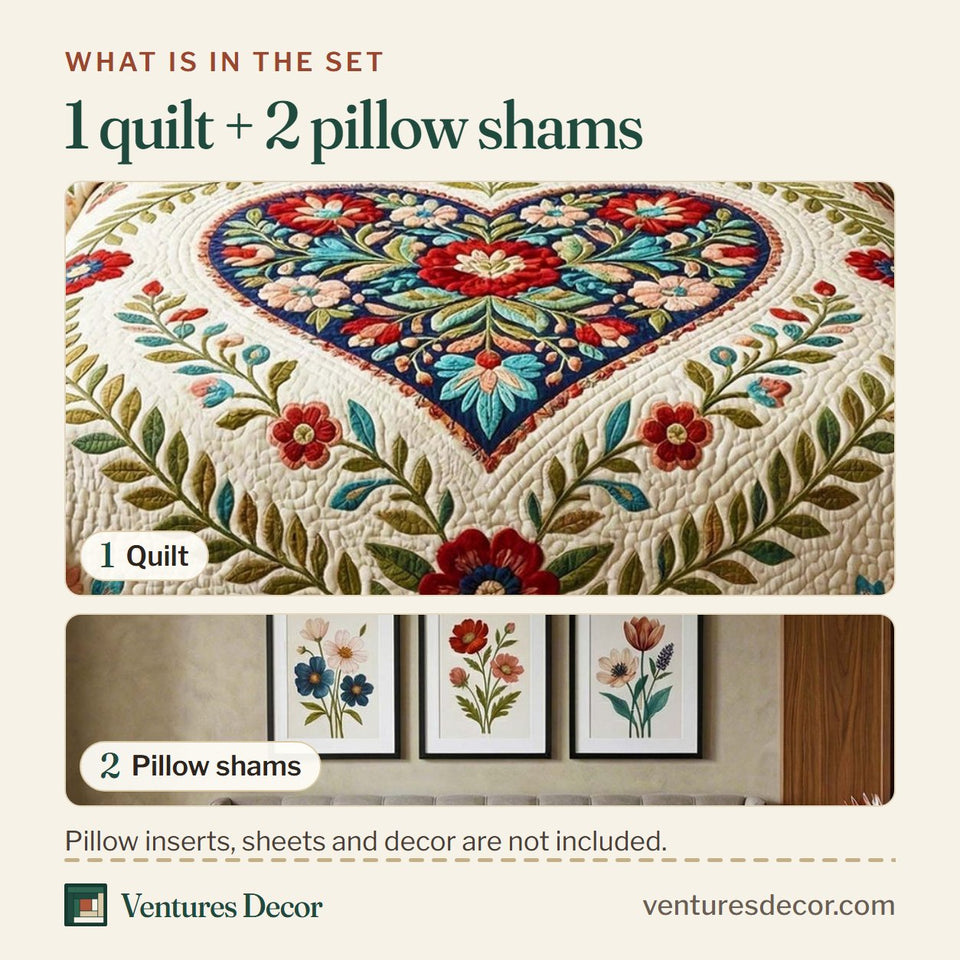 What is in the set: one quilt and two pillow shams, shown in the Elegant Folk Heart design