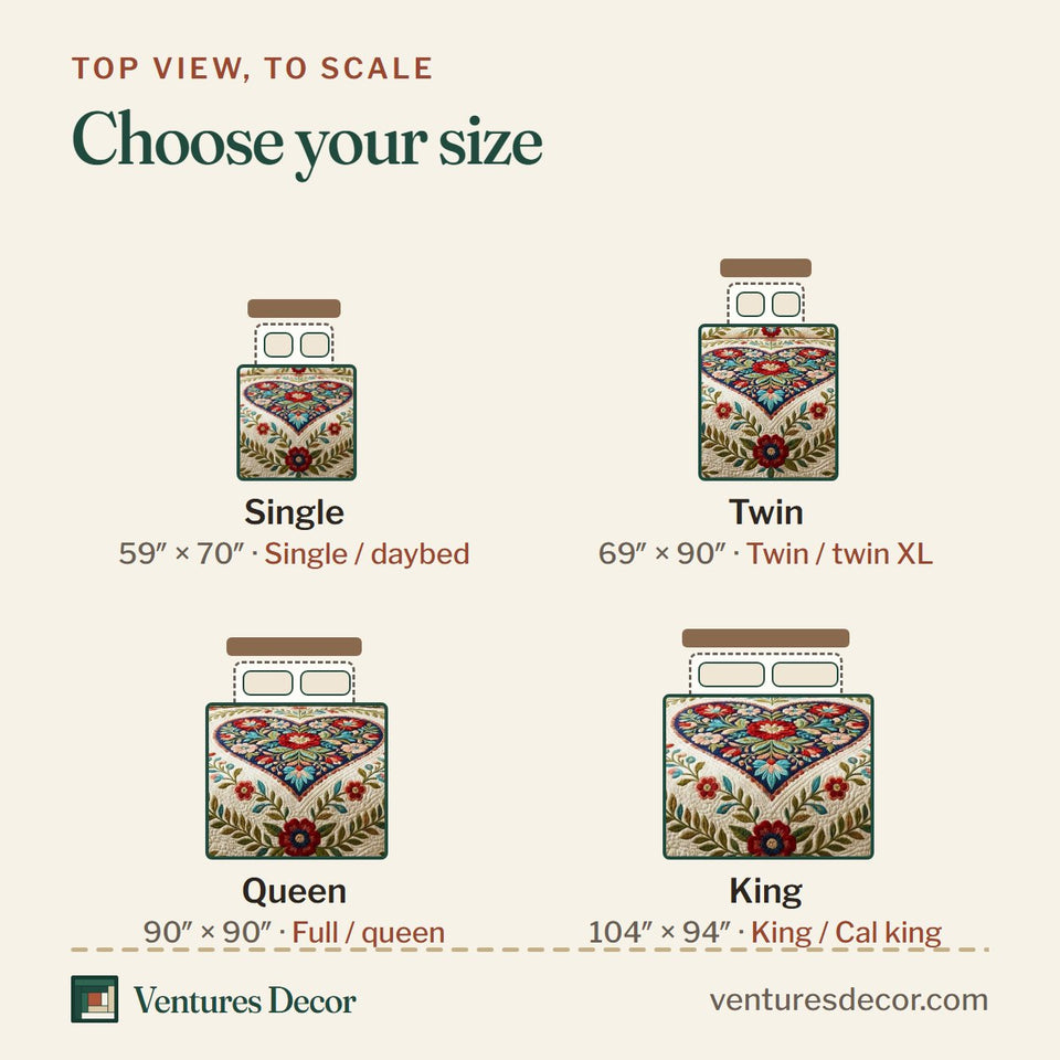 Size guide for the Elegant Folk Heart quilt, top view to scale: Single 59 x 70 in, Twin 69 x 90 in, Queen 90 x 90 in, King 104 x 94 in