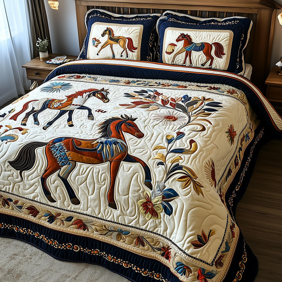 Elegant Horse Running Herd Navy Border quilted bedding set, quilt and two pillow shams on a made bed