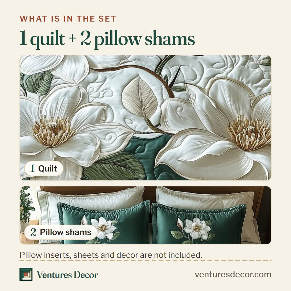What is in the set: one quilt and two pillow shams, shown in the Elegant Magnolia Emerald Bloom design