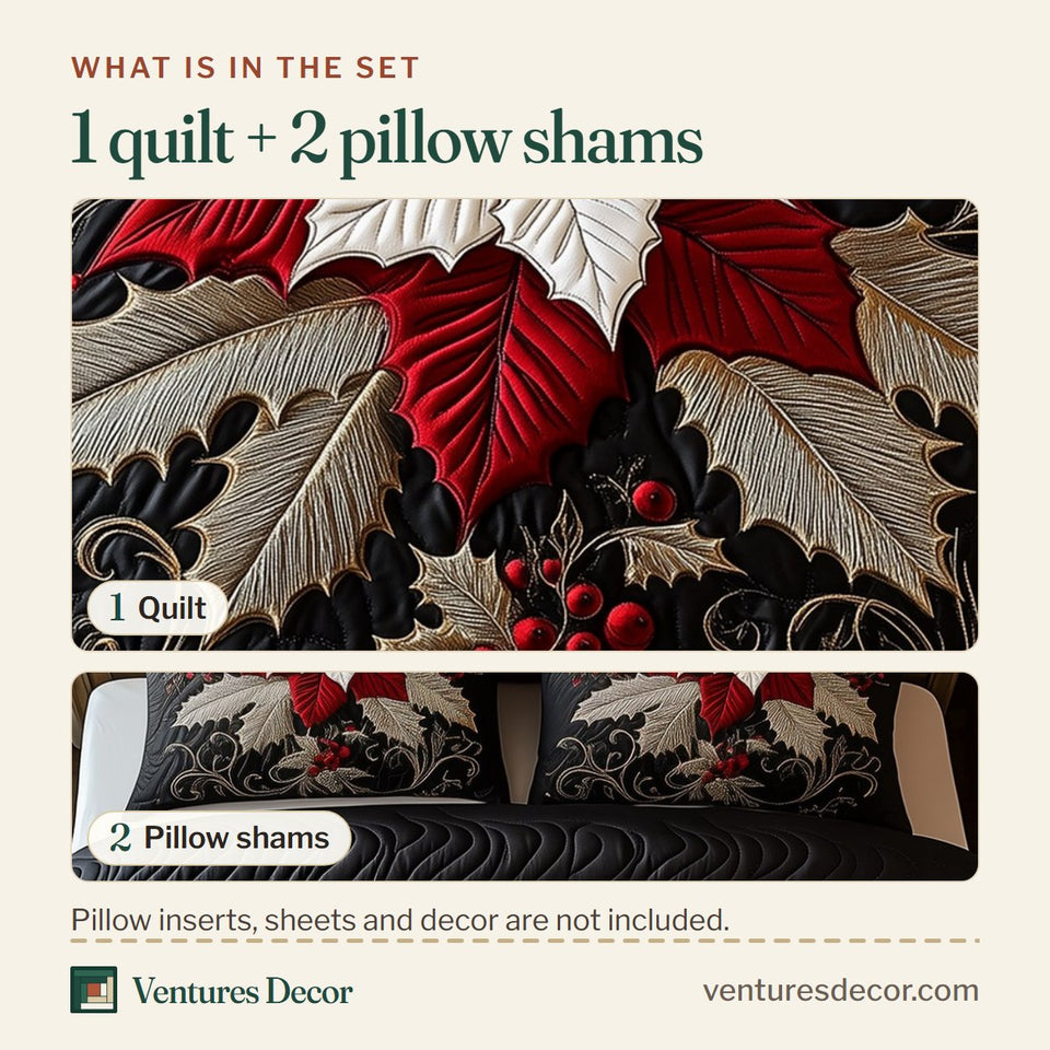 What is in the set: one quilt and two pillow shams, shown in the Elegant Poinsettias Scarlet Bloom on Black design