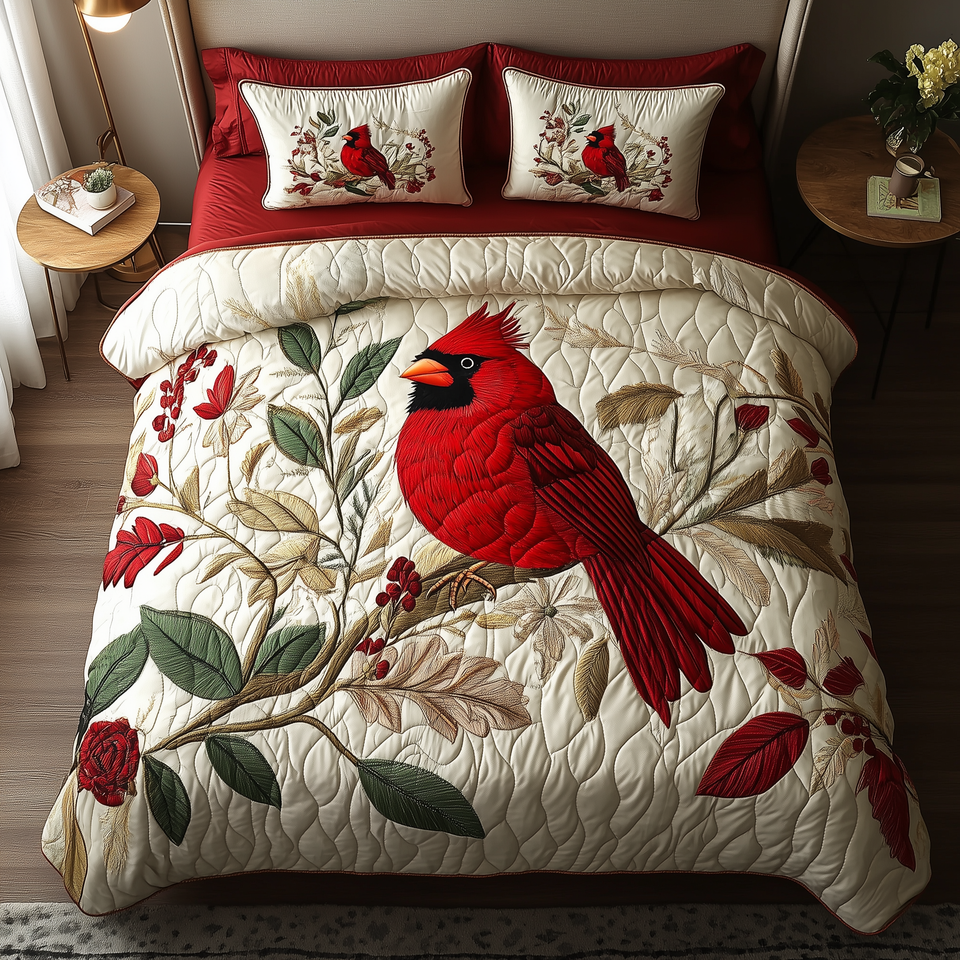 Elegant Red Cardinal Berry Branch Red Border quilted bedding set, quilt and two pillow shams on a made bed