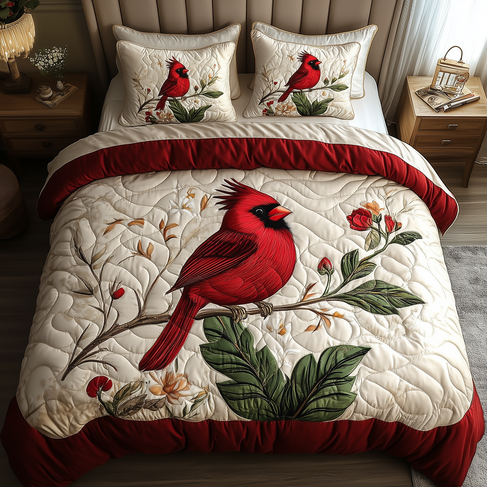 Elegant Red Cardinal Leafy Perch Crimson Fold quilted bedding set, quilt and two pillow shams on a made bed