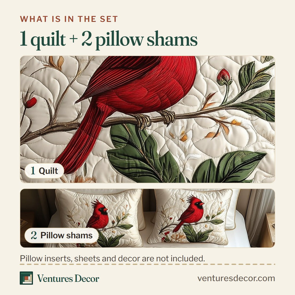 What is in the set: one quilt and two pillow shams, shown in the Elegant Red Cardinal Leafy Perch Crimson Fold design