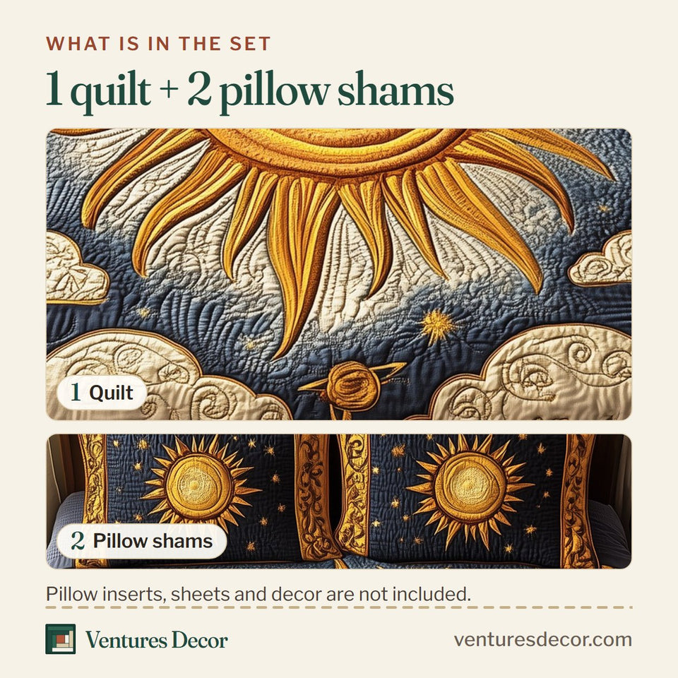 What is in the set: one quilt and two pillow shams, shown in the Elegant Sunshine Gold Sun Face On Starry Navy design
