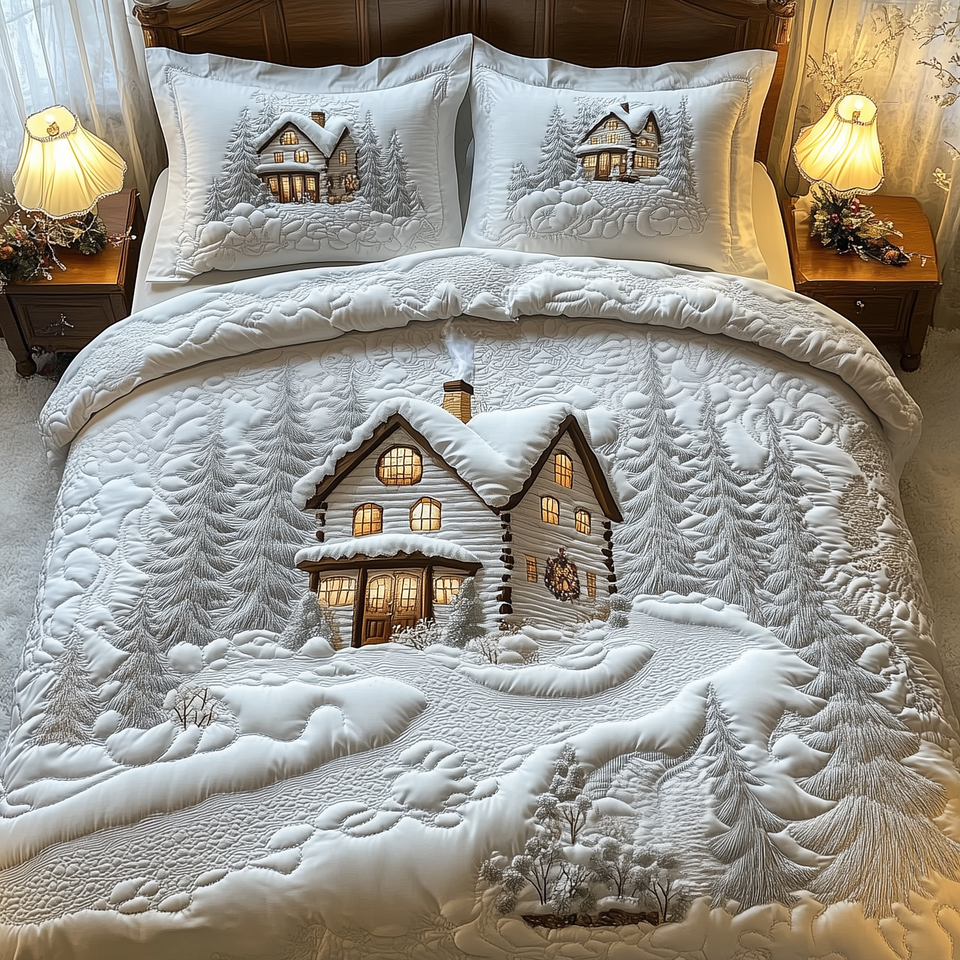 Elegant White Christmas Cabin quilted bedding set, quilt and two pillow shams on a made bed