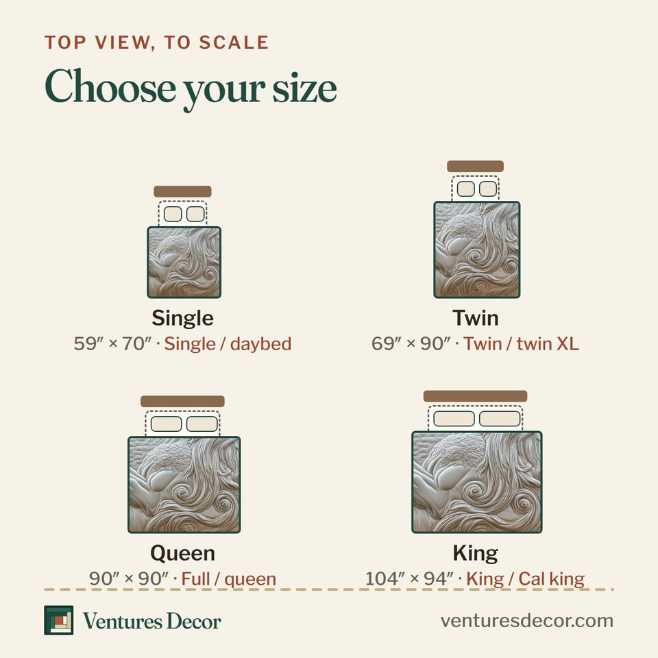 Size guide for the Elegant White Horse Leaping Scrollwork quilt, top view to scale: Single 59 x 70 in, Twin 69 x 90 in, Queen 90 x 90 in, King 104 x 94 in
