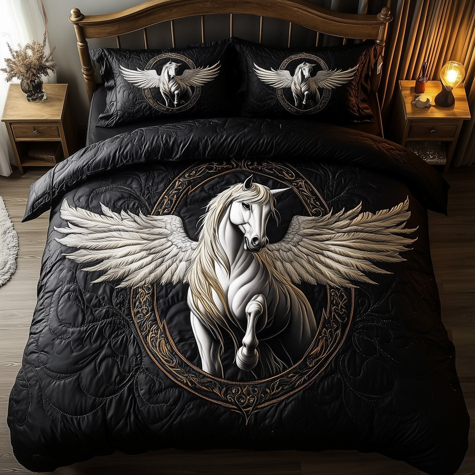 Elegant White Horse Winged in the Golden Ring quilted bedding set, quilt and two pillow shams on a made bed