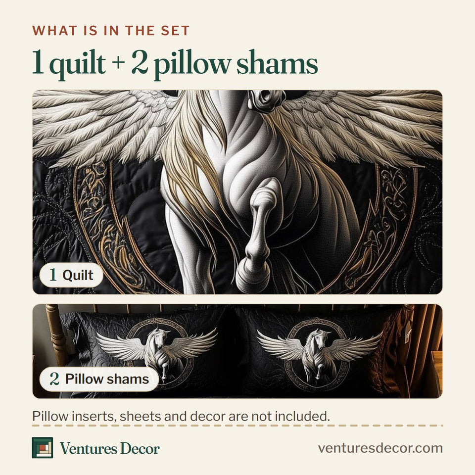 What is in the set: one quilt and two pillow shams, shown in the Elegant White Horse Winged in the Golden Ring design