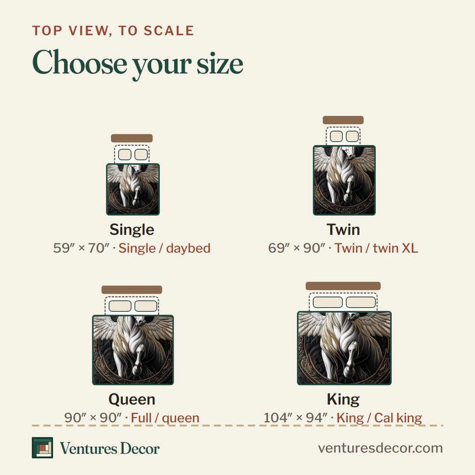 Size guide for the Elegant White Horse Winged in the Golden Ring quilt, top view to scale: Single 59 x 70 in, Twin 69 x 90 in, Queen 90 x 90 in, King 104 x 94 in