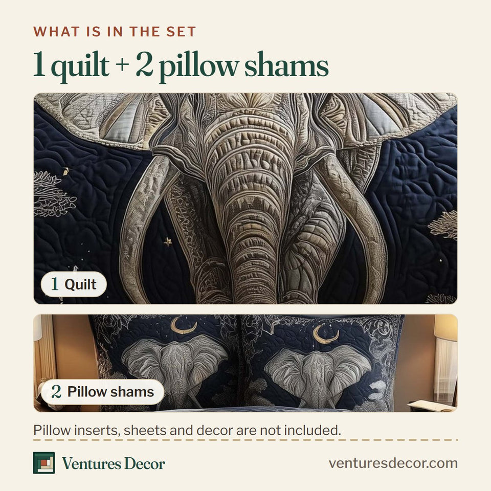 What is in the set: one quilt and two pillow shams, shown in the Elephant Crescent Moon Portrait Navy design